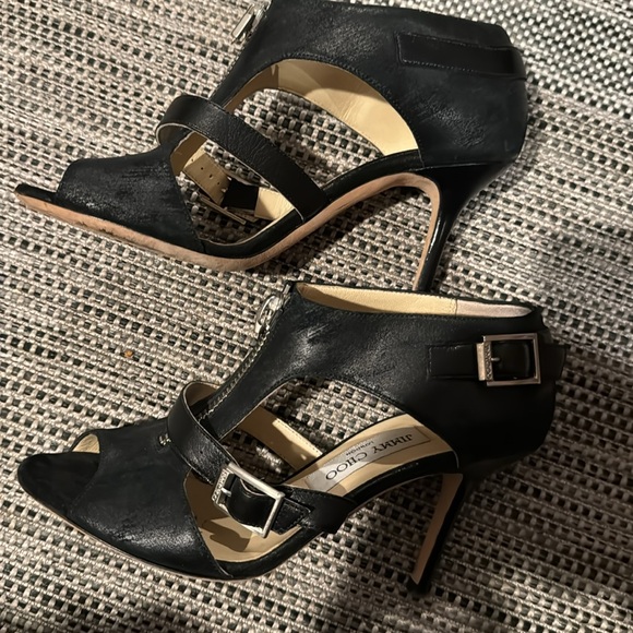 Jimmy Choo 🎉HP🎉🎈distressed leather heels with center zipper, strap w/ buckle - Picture 3 of 12